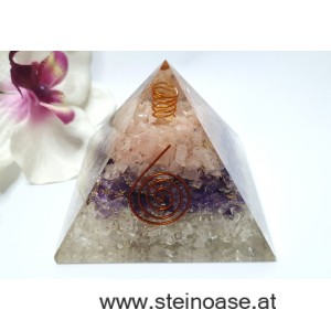 Orgonit Pyramide: Amethyst, Rosenquarz, Bergkristall & Spirale & Herkimer Diamant, 75mm